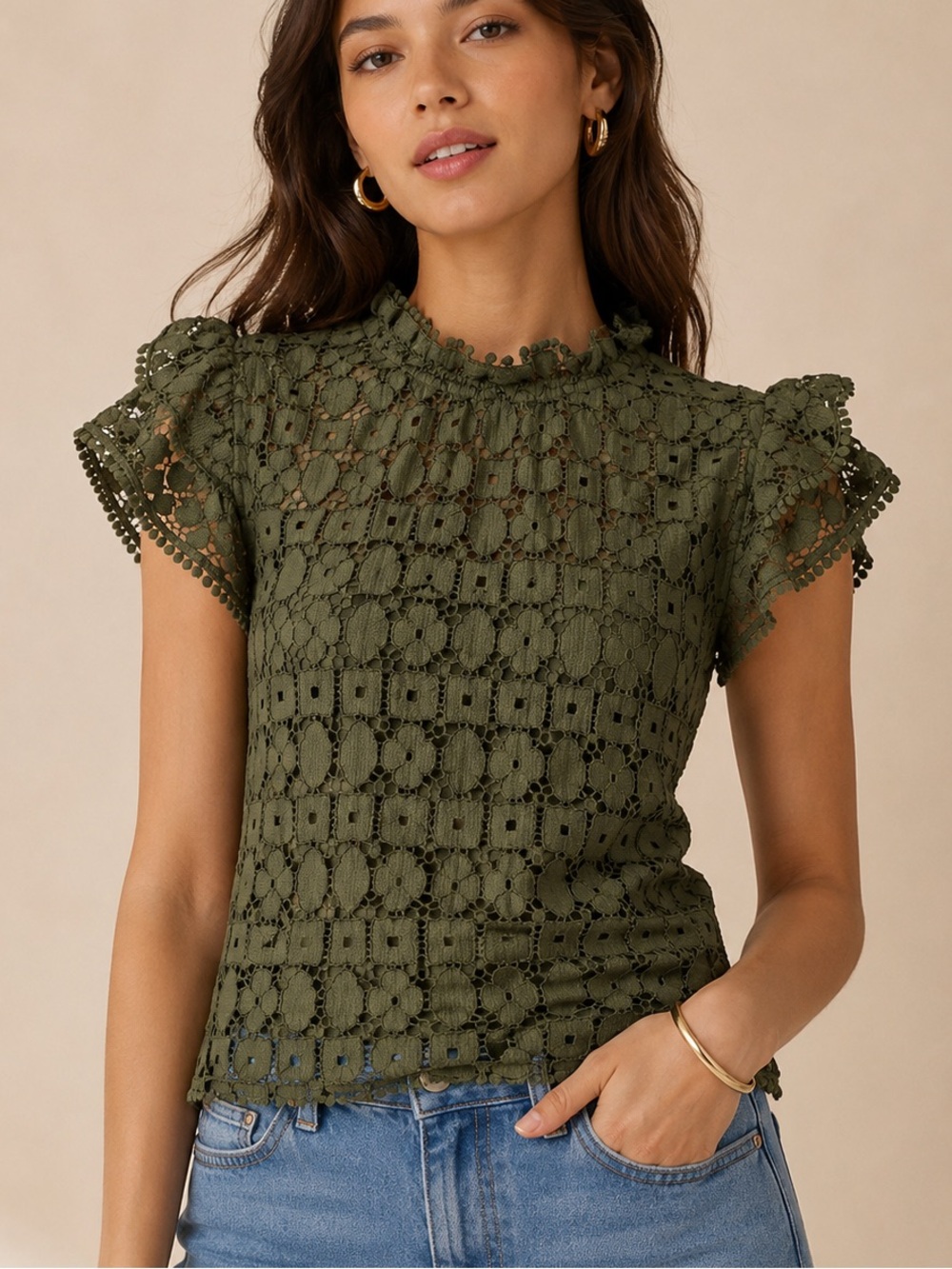 Maeve Anthropologie Olive Green Crochet Lace Ruffle Sleeve Top size 0